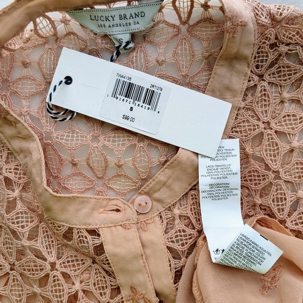 Lucky Brand Blouse Embroidered Semi-Sheer Lace Button Front Rose Tan S/M NWT - Picture 14 of 14
